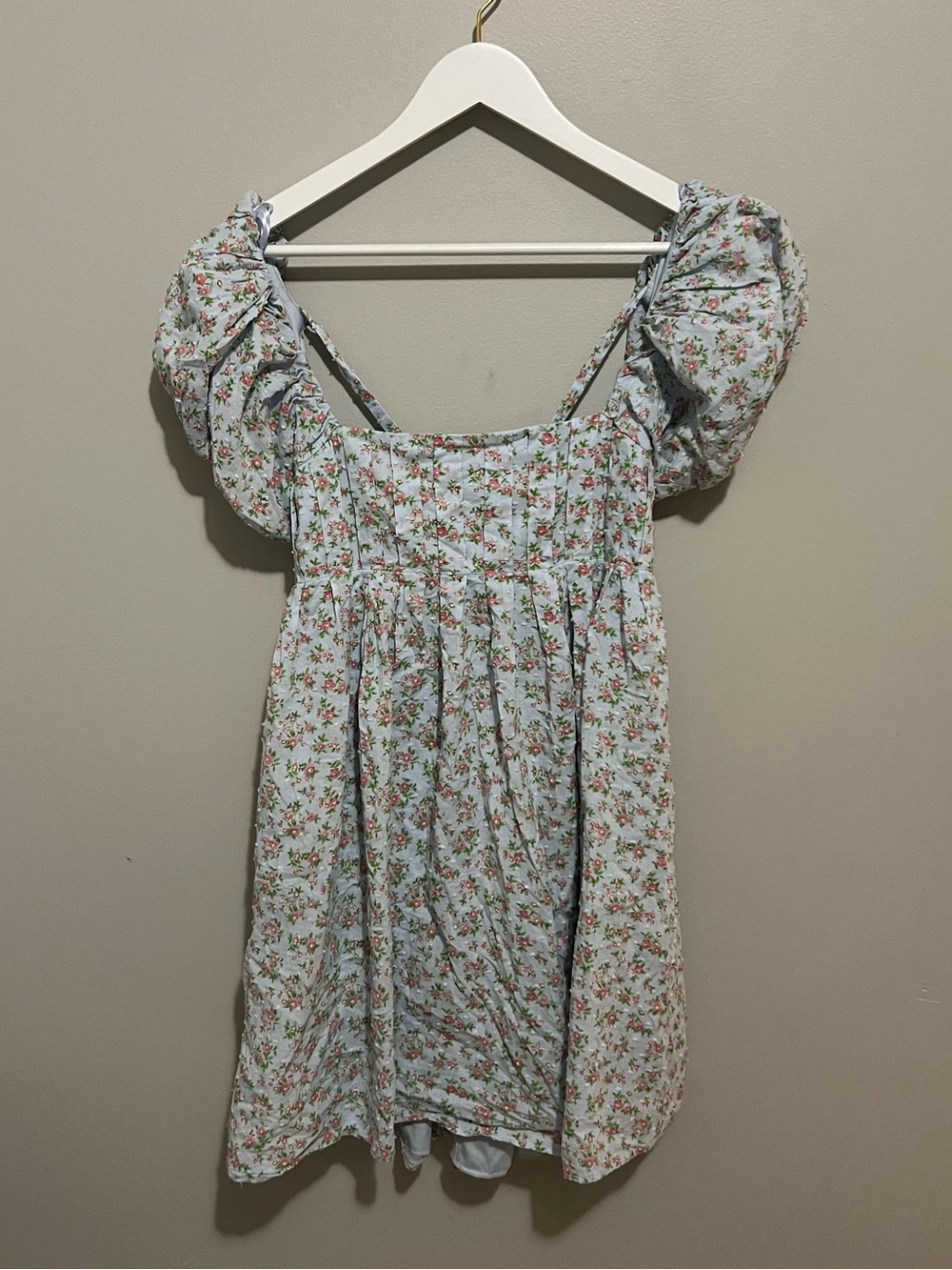 Womens Bebop Light Blue Floral Puff-Sleeve Dress
